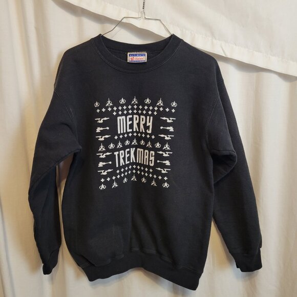 Merry Trekmas Star Trek Christmas Sweatshirt S 34-36 Black Starfleet Hanes Pro - Picture 3 of 8